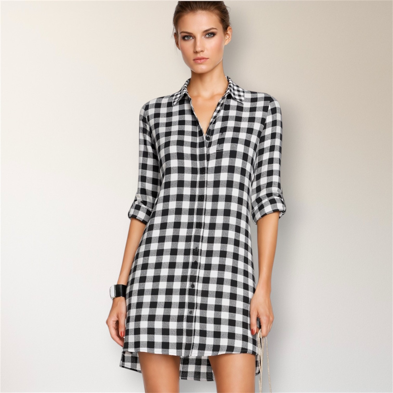 Diane Von Furstenberg Silk Shirt Dress Black Ivory Gingham Hi Low Prita 2 Travel
